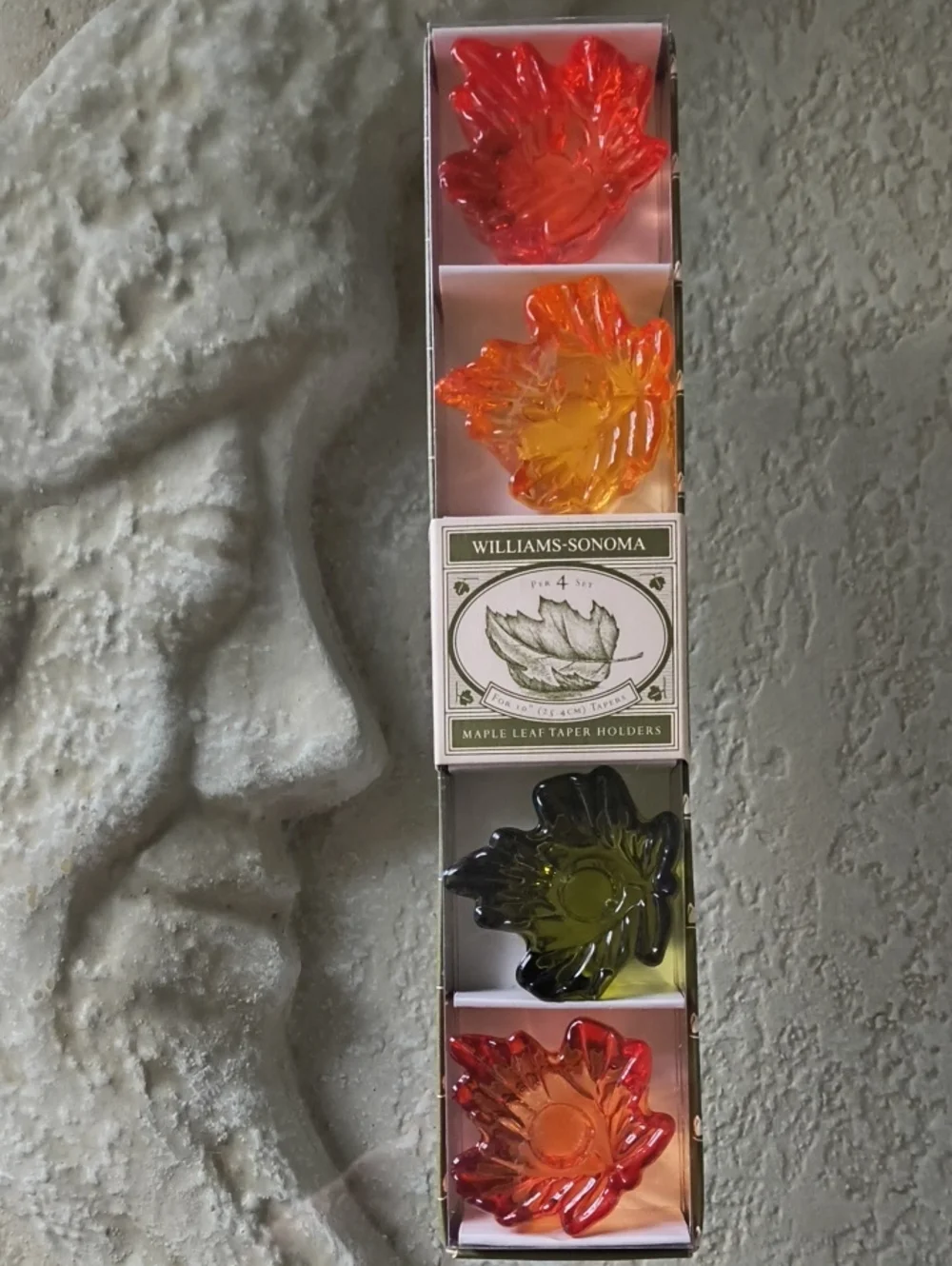 Williams Sonoma Maple Leaf Candle Taper Holders Glass Set of 4 NIB Thanksgiving